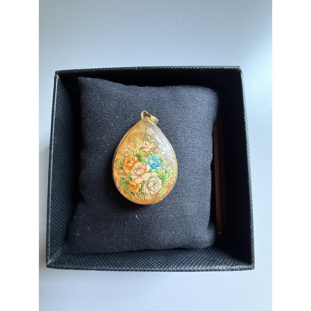 Vintage Moonglow Look Painted Pendant Floral Gold Tone